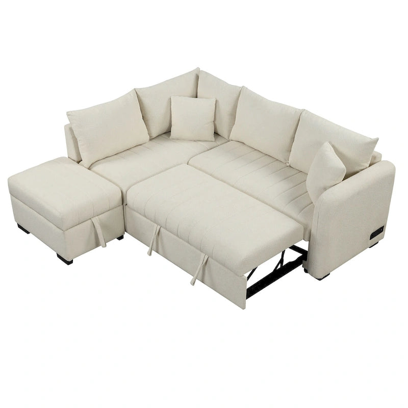 Canapé d'angle convertible en L avec ports USB et pouf de rangement