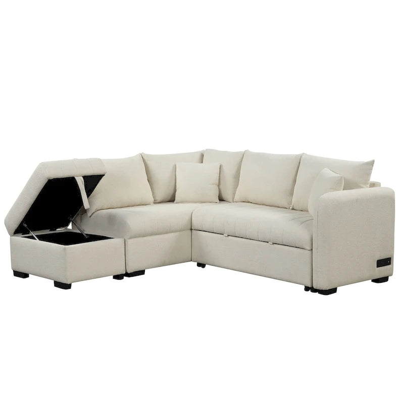 Canapé d'angle convertible en L avec ports USB et pouf de rangement