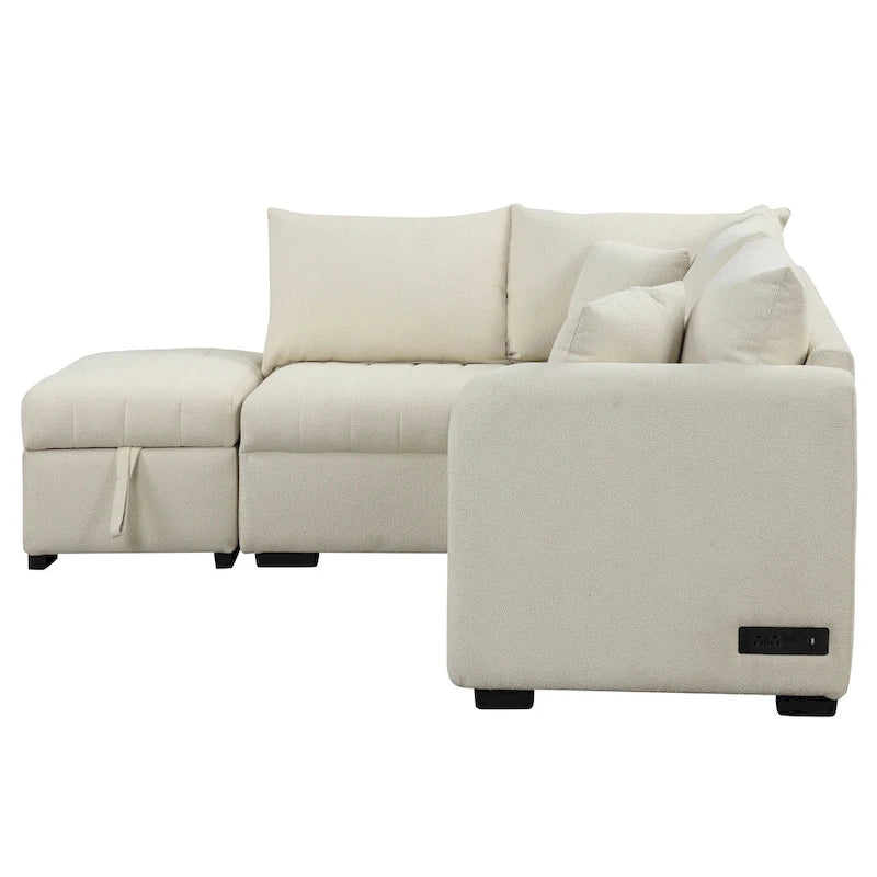Canapé d'angle convertible en L avec ports USB et pouf de rangement