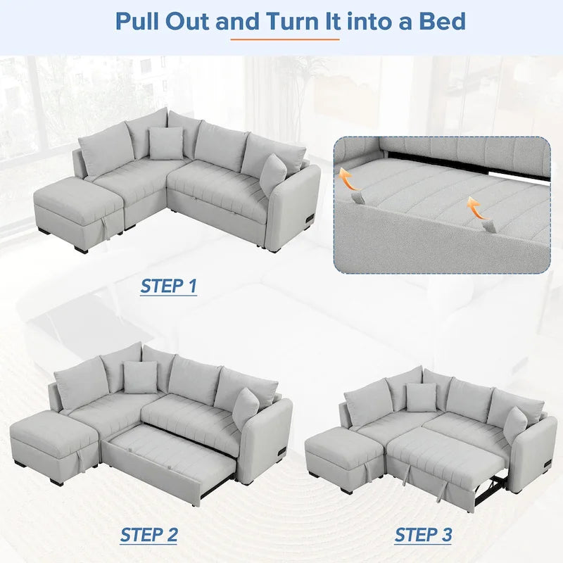 Canapé d'angle convertible en L avec ports USB et pouf de rangement