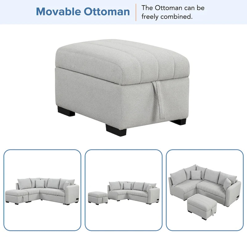 Canapé d'angle convertible en L avec ports USB et pouf de rangement