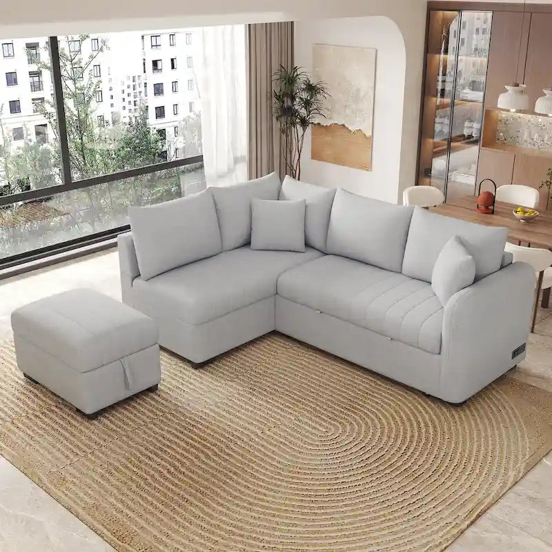Canapé d'angle convertible en L avec ports USB et pouf de rangement