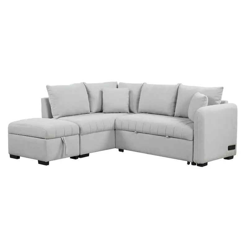 Canapé d'angle convertible en L avec ports USB et pouf de rangement