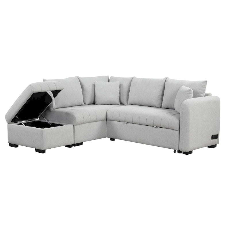 Canapé d'angle convertible en L avec ports USB et pouf de rangement
