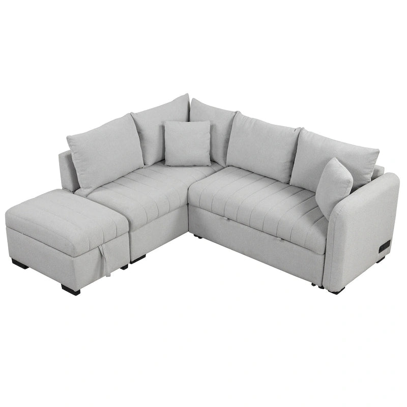Canapé d'angle convertible en L avec ports USB et pouf de rangement