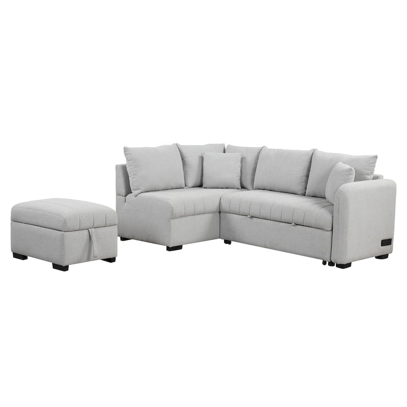 Canapé d'angle convertible en L avec ports USB et pouf de rangement