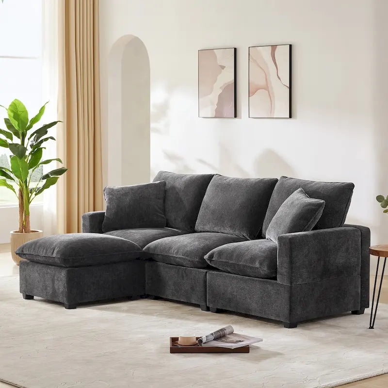 Canapé modulable en L 4 places en chenille avec pouf