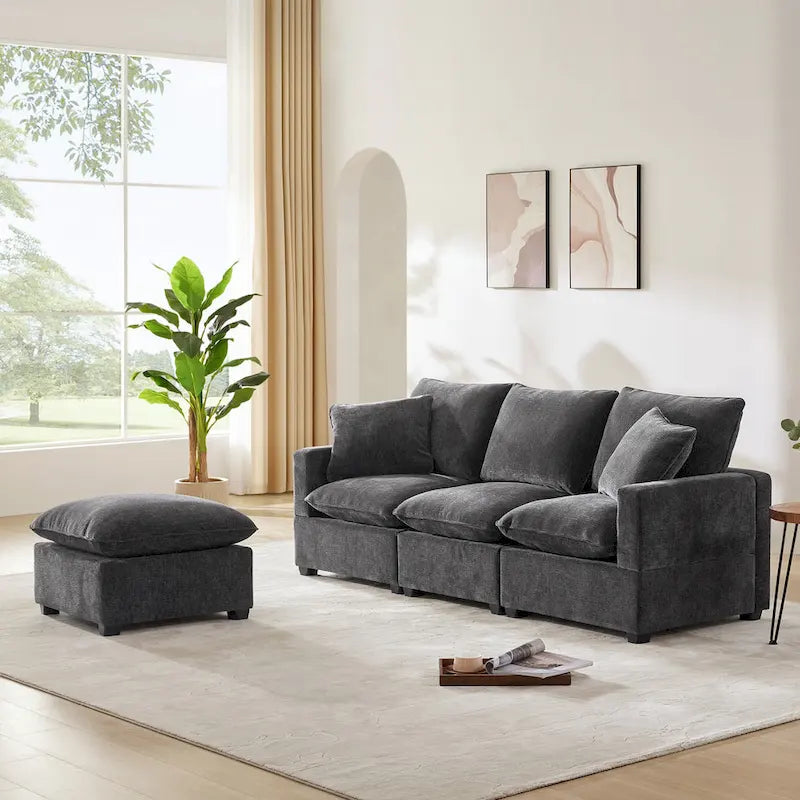 Canapé modulable en L 4 places en chenille avec pouf