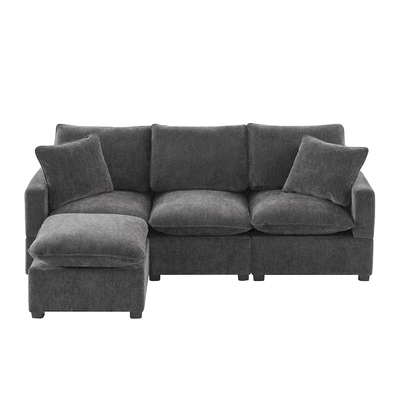 Canapé modulable en L 4 places en chenille avec pouf