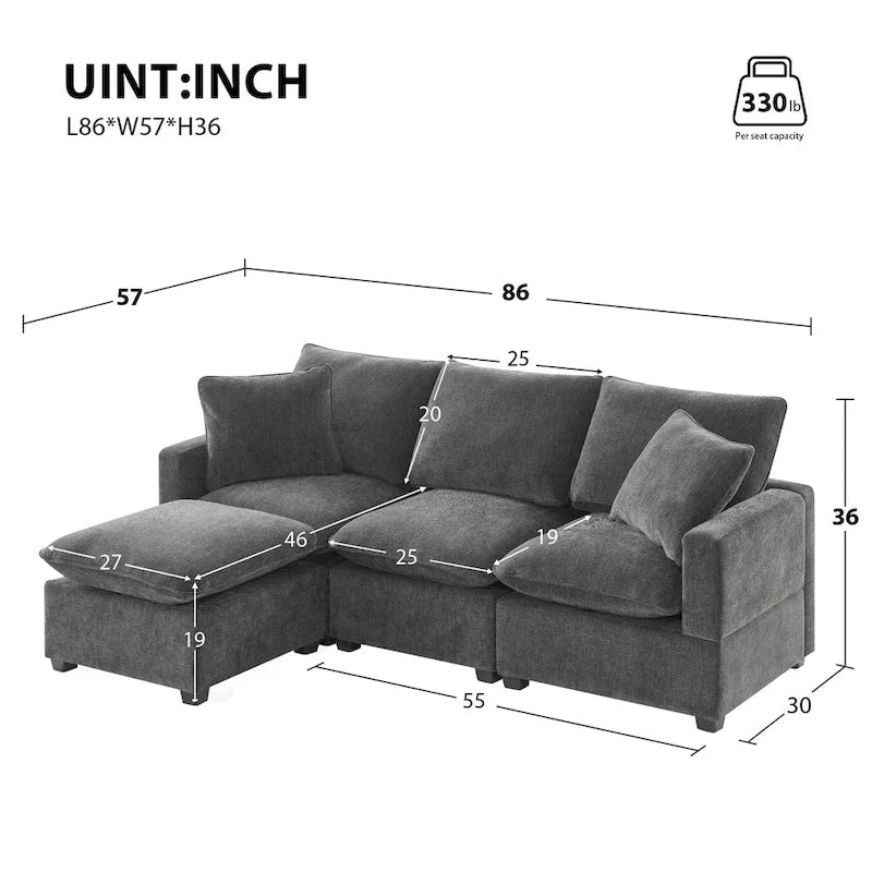 Canapé modulable en L 4 places en chenille avec pouf