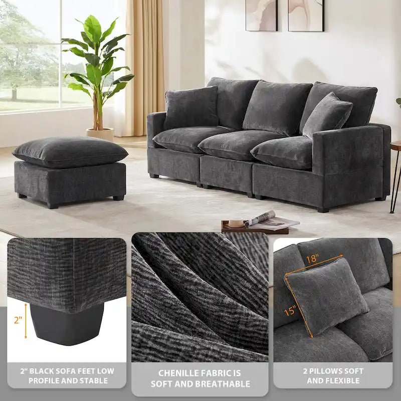 Canapé modulable en L 4 places en chenille avec pouf