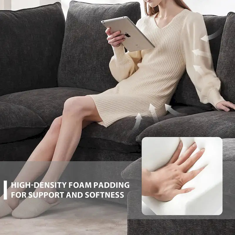 Canapé modulable en L 4 places en chenille avec pouf