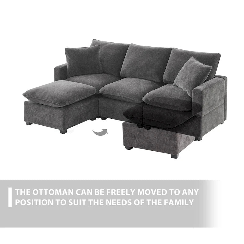Canapé modulable en L 4 places en chenille avec pouf
