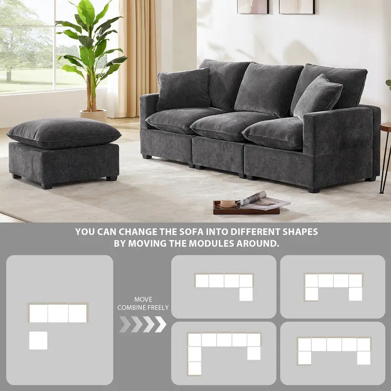 Canapé modulable en L 4 places en chenille avec pouf