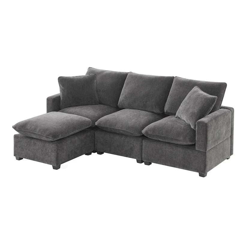 Canapé modulable en L 4 places en chenille avec pouf