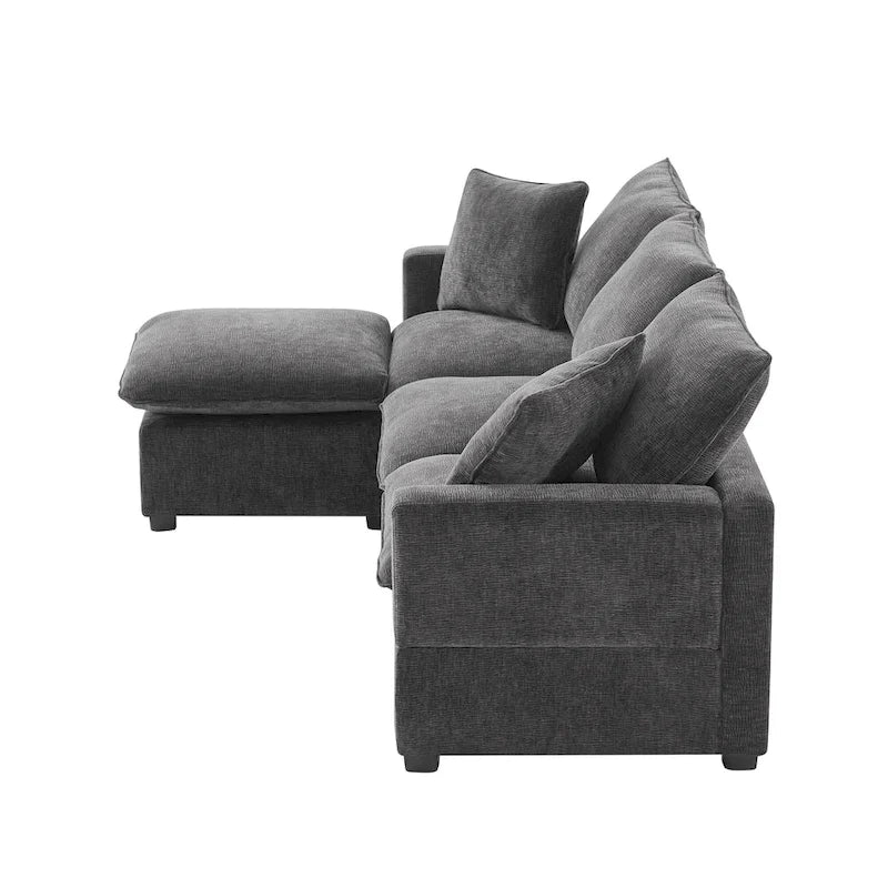 Canapé modulable en L 4 places en chenille avec pouf