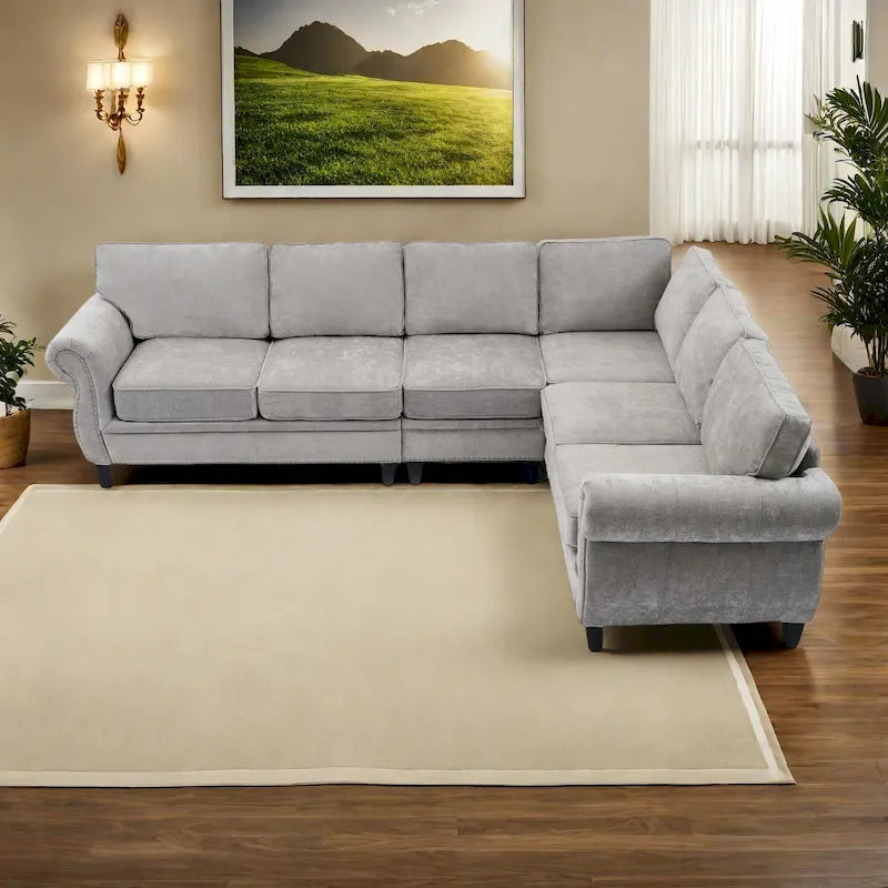 Canapé d'angle 6 places en chenille de 278 cm avec accoudoirs roulés cloutés