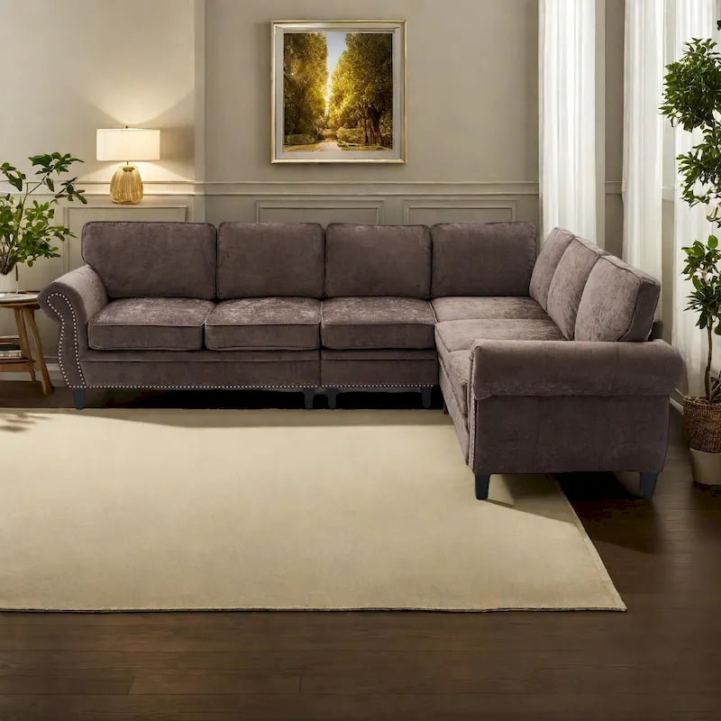 Canapé d'angle 6 places en chenille de 278 cm avec accoudoirs roulés cloutés