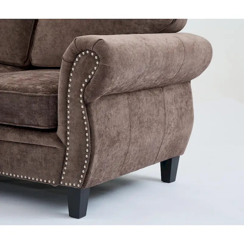Canapé d'angle 6 places en chenille de 278 cm avec accoudoirs roulés cloutés