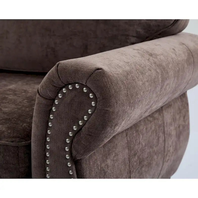 Canapé d'angle 6 places en chenille de 278 cm avec accoudoirs roulés cloutés