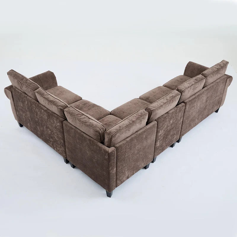 Canapé d'angle 6 places en chenille de 278 cm avec accoudoirs roulés cloutés