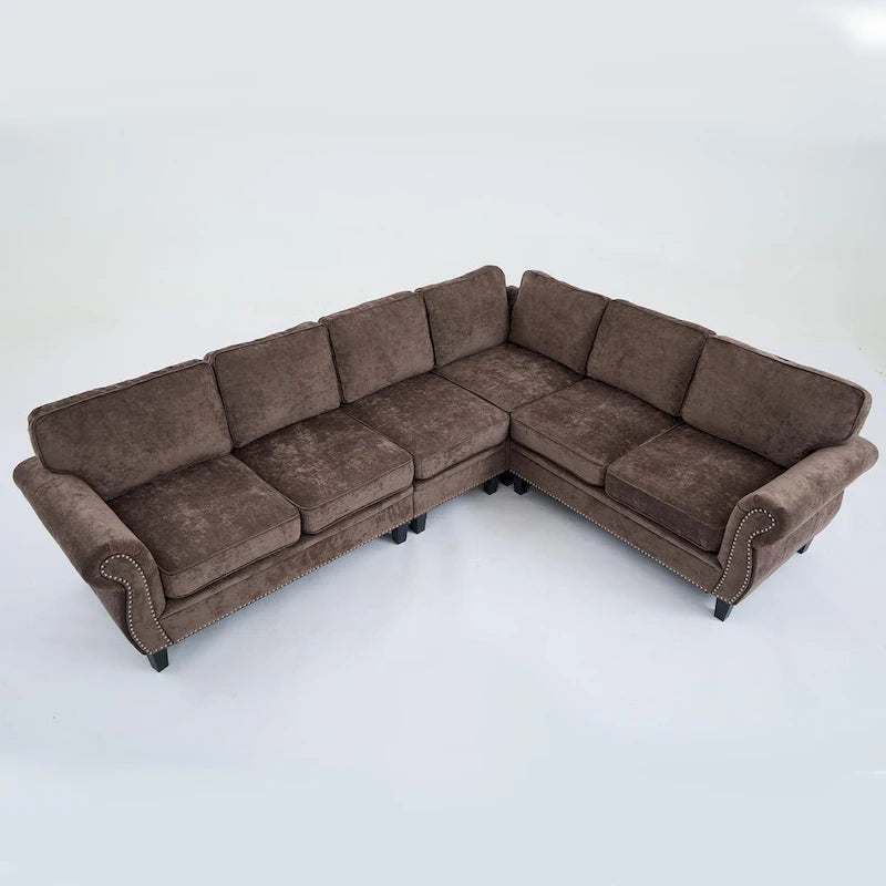 Canapé d'angle 6 places en chenille de 278 cm avec accoudoirs roulés cloutés