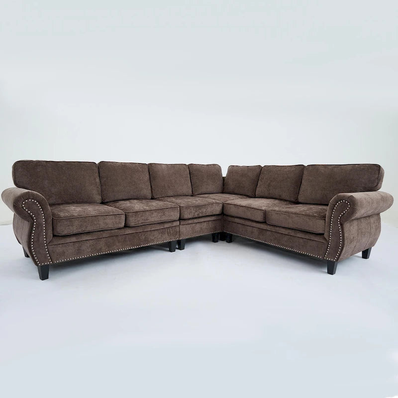 Canapé d'angle 6 places en chenille de 278 cm avec accoudoirs roulés cloutés