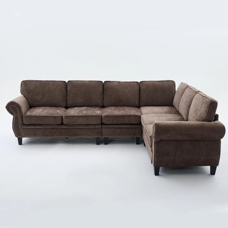 Canapé d'angle 6 places en chenille de 278 cm avec accoudoirs roulés cloutés