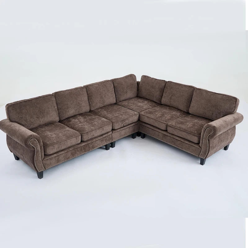 Canapé d'angle 6 places en chenille de 278 cm avec accoudoirs roulés cloutés