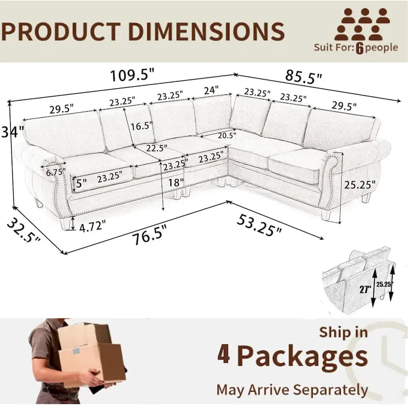 Canapé d'angle 6 places en chenille de 278 cm avec accoudoirs roulés cloutés