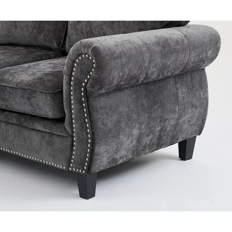 Canapé d'angle 6 places en chenille de 278 cm avec accoudoirs roulés cloutés