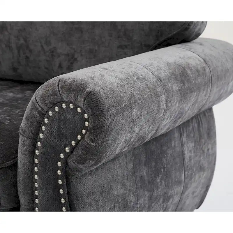 Canapé d'angle 6 places en chenille de 278 cm avec accoudoirs roulés cloutés