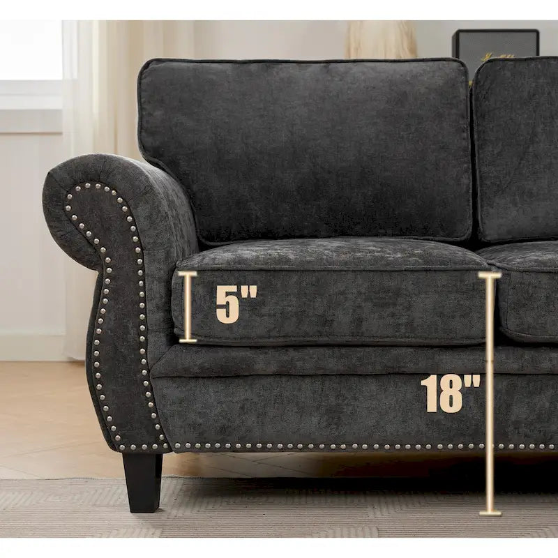 Canapé d'angle 6 places en chenille de 278 cm avec accoudoirs roulés cloutés