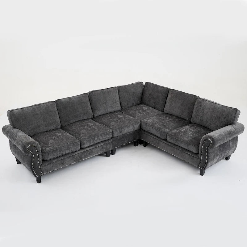 Canapé d'angle 6 places en chenille de 278 cm avec accoudoirs roulés cloutés