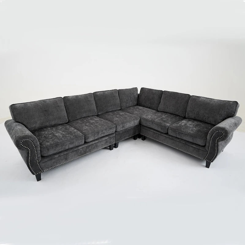 Canapé d'angle 6 places en chenille de 278 cm avec accoudoirs roulés cloutés