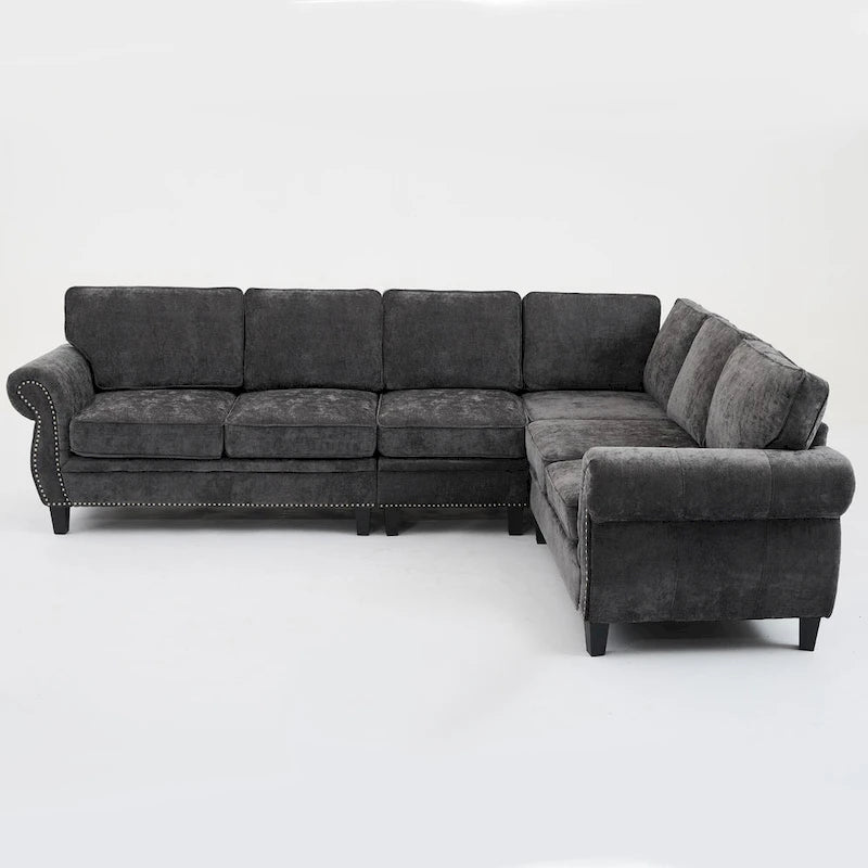 Canapé d'angle 6 places en chenille de 278 cm avec accoudoirs roulés cloutés