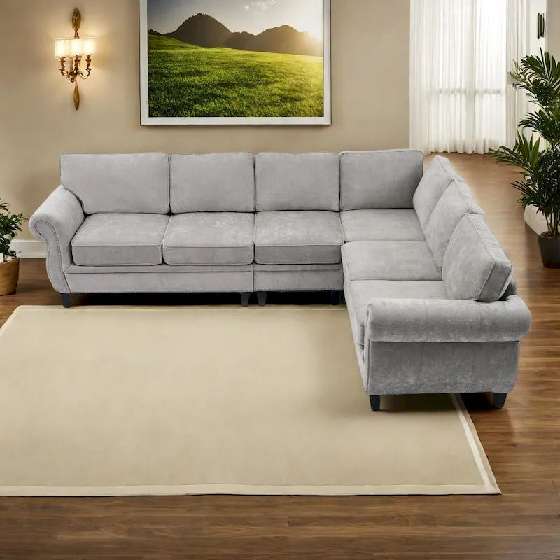 Canapé d'angle 6 places en chenille de 278 cm avec accoudoirs roulés cloutés