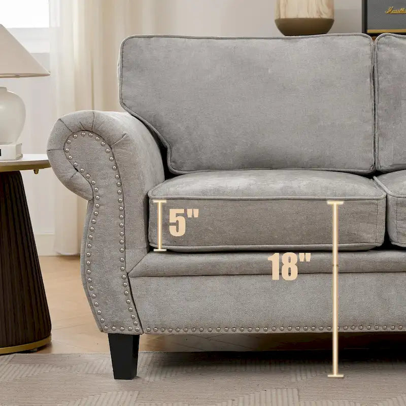 Canapé d'angle 6 places en chenille de 278 cm avec accoudoirs roulés cloutés