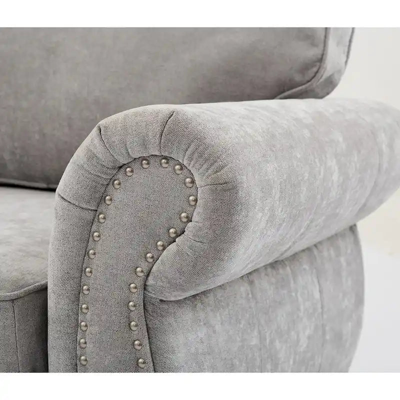 Canapé d'angle 6 places en chenille de 278 cm avec accoudoirs roulés cloutés