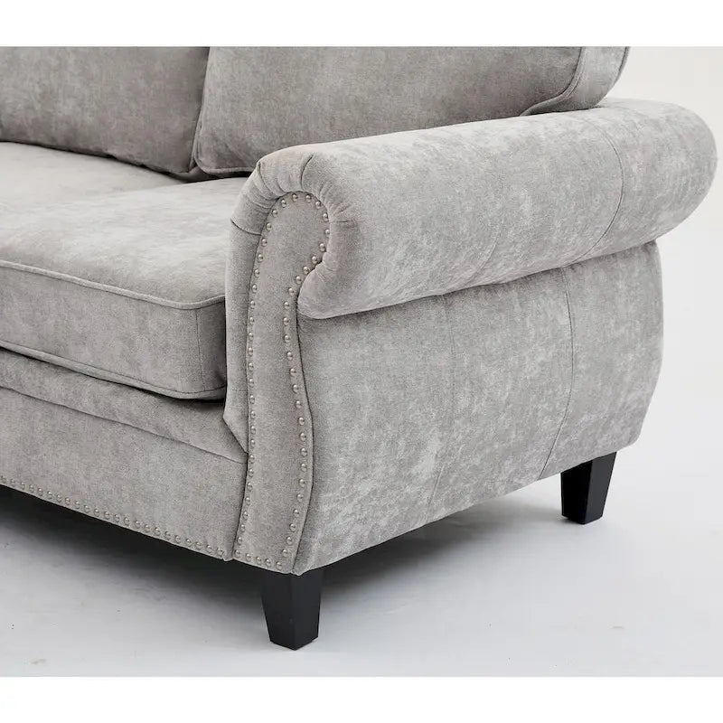 Canapé d'angle 6 places en chenille de 278 cm avec accoudoirs roulés cloutés
