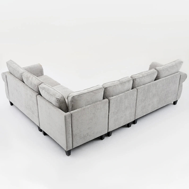 Canapé d'angle 6 places en chenille de 278 cm avec accoudoirs roulés cloutés