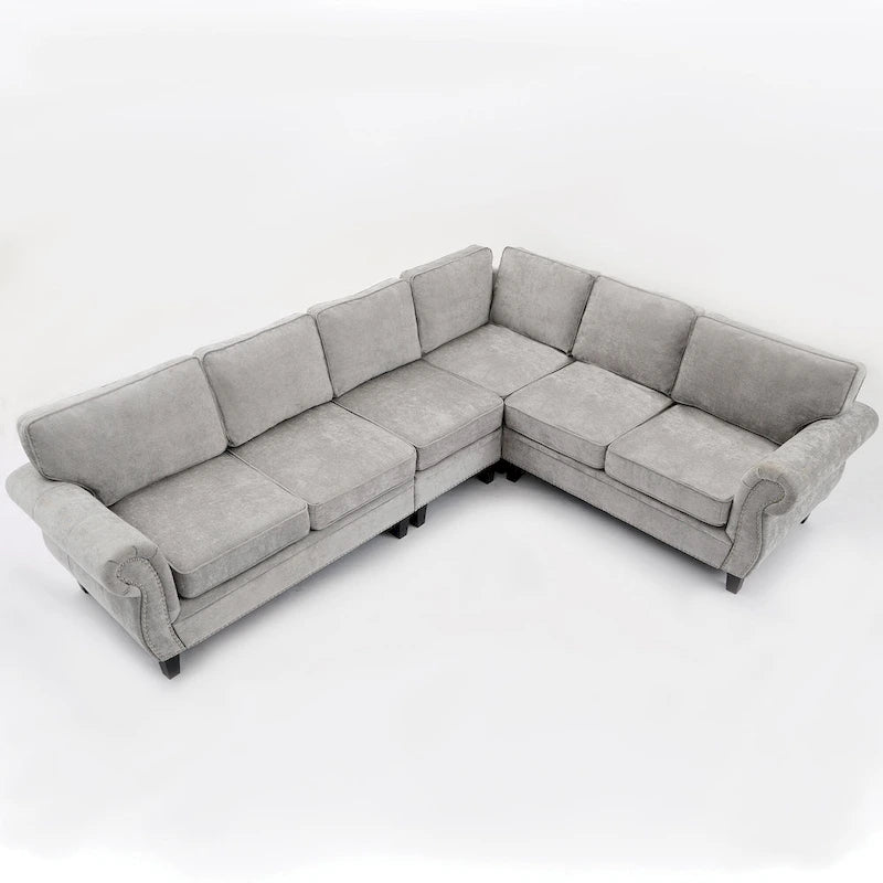 Canapé d'angle 6 places en chenille de 278 cm avec accoudoirs roulés cloutés