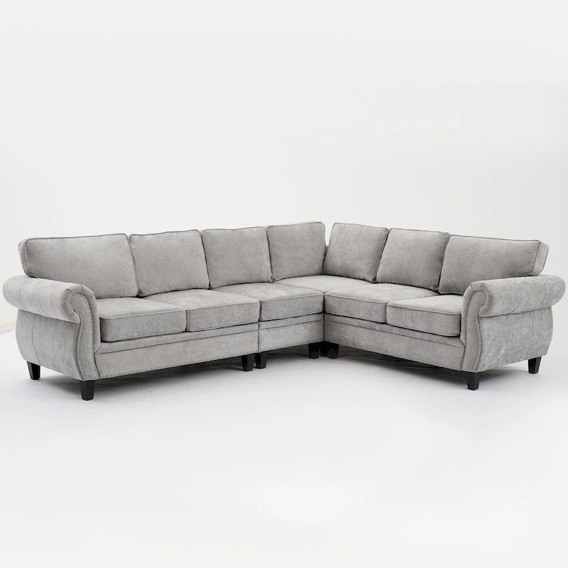 Canapé d'angle 6 places en chenille de 278 cm avec accoudoirs roulés cloutés