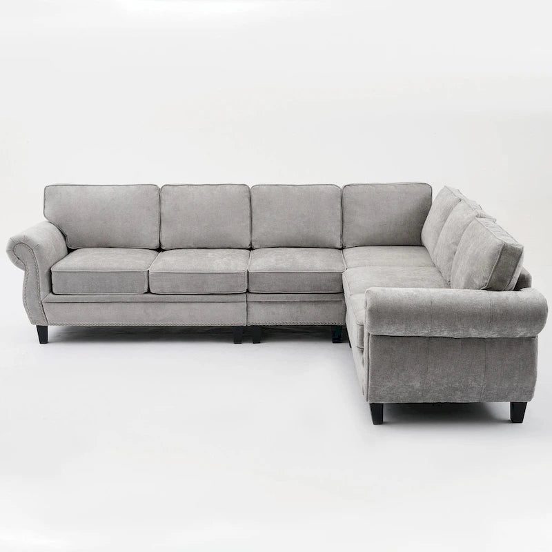 Canapé d'angle 6 places en chenille de 278 cm avec accoudoirs roulés cloutés