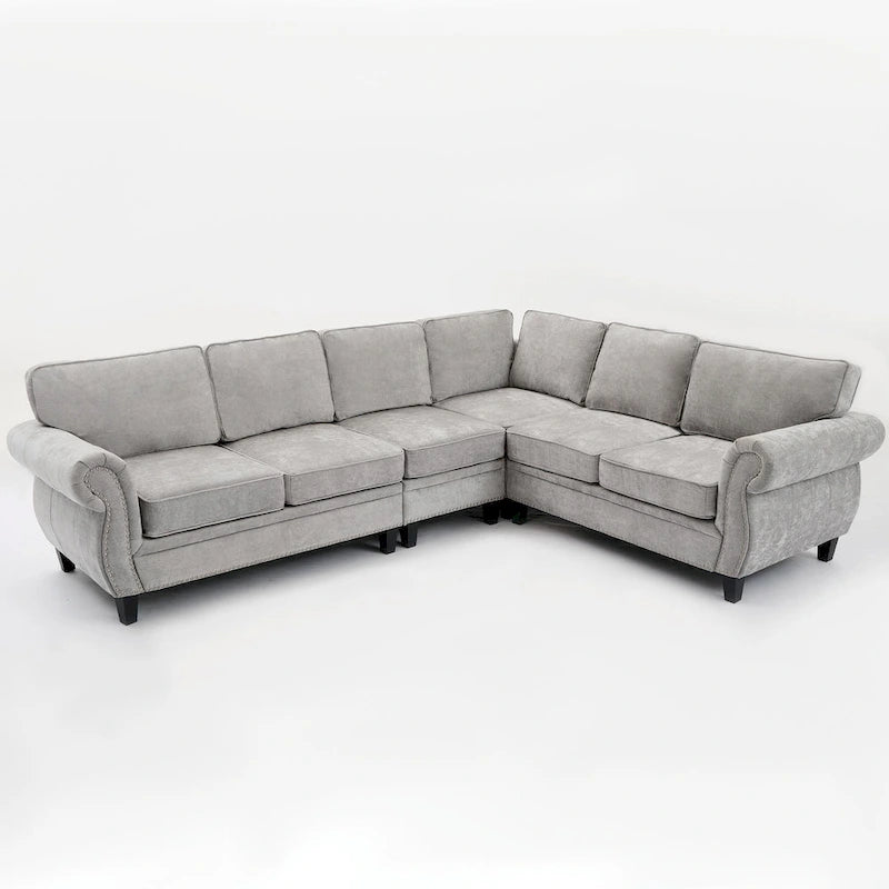 Canapé d'angle 6 places en chenille de 278 cm avec accoudoirs roulés cloutés