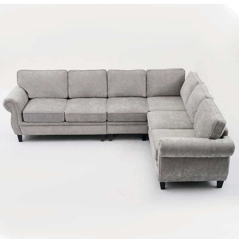 Canapé d'angle 6 places en chenille de 278 cm avec accoudoirs roulés cloutés