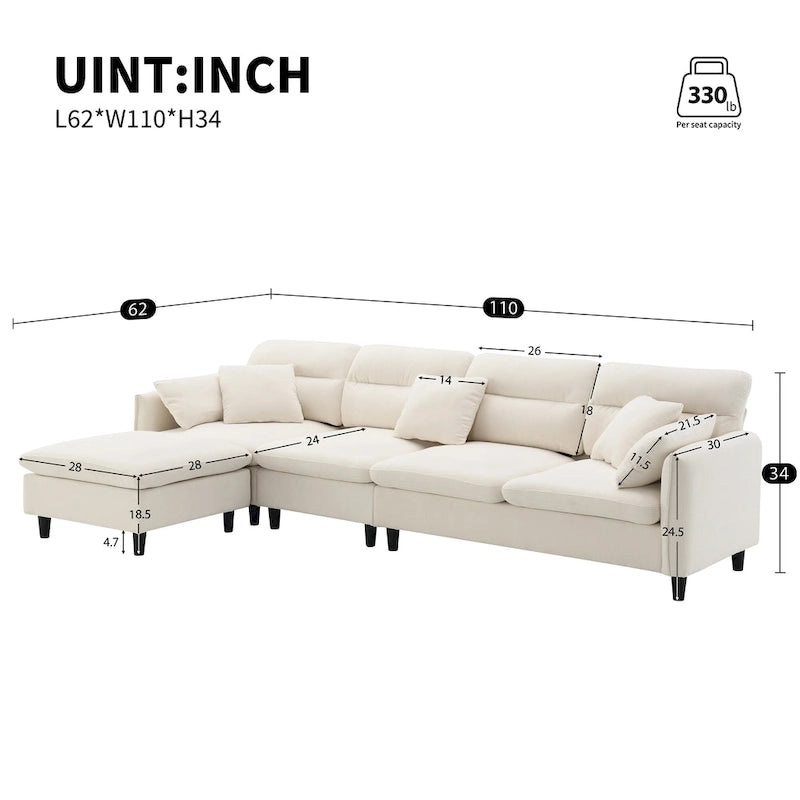 Canapé d'angle 5 places en L de 279 cm avec pouf et 5 oreillers