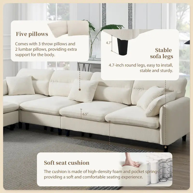 Canapé d'angle 5 places en L de 279 cm avec pouf et 5 oreillers
