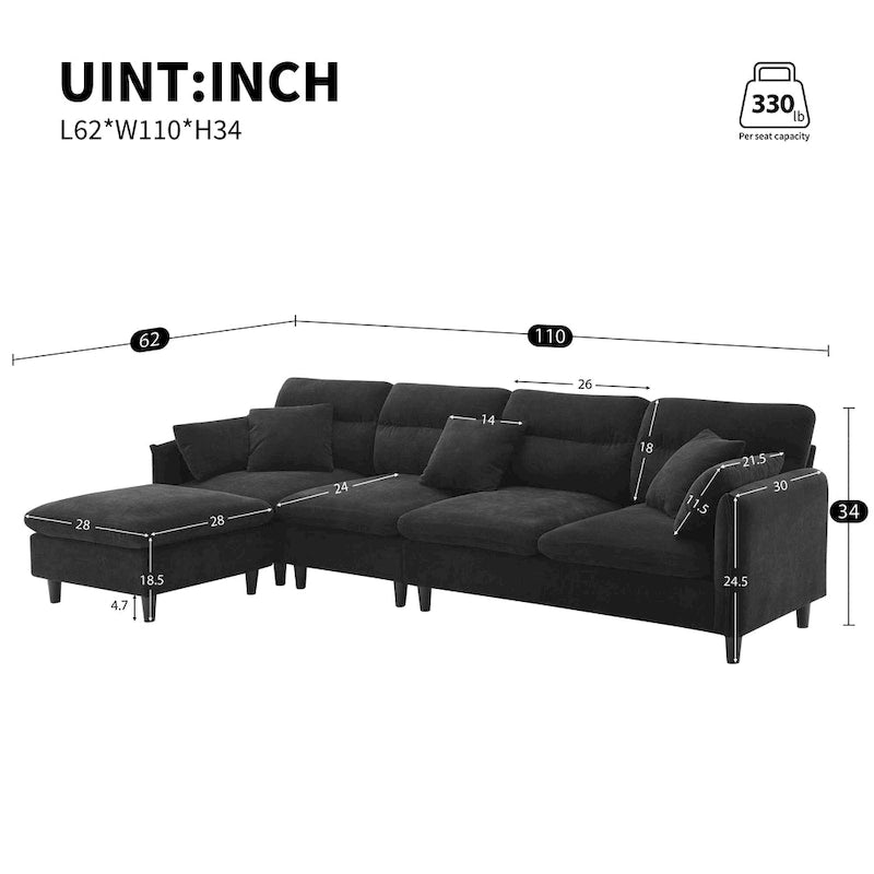 Canapé d'angle 5 places en L de 279 cm avec pouf et 5 oreillers