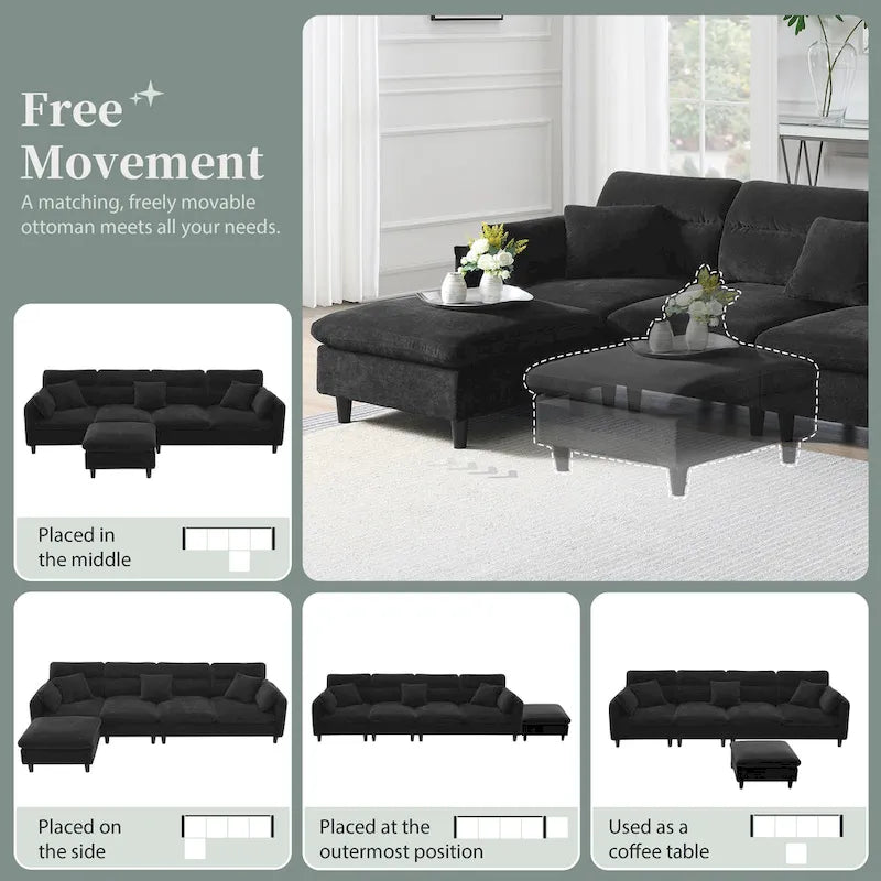 Canapé d'angle 5 places en L de 279 cm avec pouf et 5 oreillers